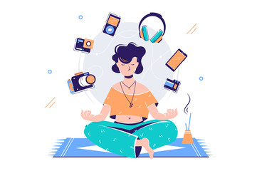 Silhouette young attractive woman meditating surround gadgets.