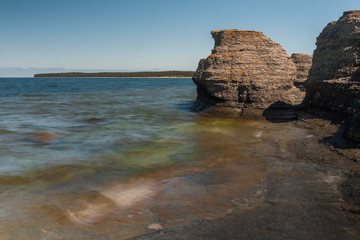 Byrum raukar on Swedish Island Oland: Spectacular limestone formations. selective focus