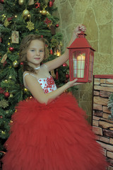 Obraz na płótnie Canvas girl in a red dress with a flashlight.