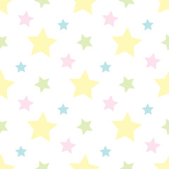 Seamless pattern with pastel yellow, pink, green and blue stars on white background for plaid, fabric, textile, clothes, cards, post cards, scrapbooking paper, tablecloth and other things. 