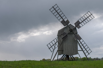 Fototapeta na wymiar Old wooden windmills on the island Oland, Sweden
