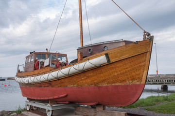 A wooden ship stands on land. Oland, Sweden