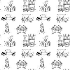 Sketch hand drawn artistic line art retro steampunk vehicle vintage seamless pattern