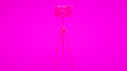 Photo studio concept. Camera and tripod on pink background. 3d illustration