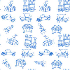 Fototapeta na wymiar Sketch hand drawn artistic line art retro steampunk vehicle vintage seamless pattern