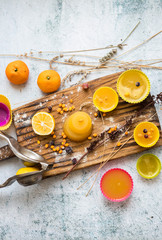 Homemade marmalade, agar dessert with fruity juice and berries. Vegan healthy sweet food.