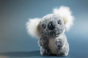 Tuinposter Toy grey fur koala bear baby portrait on a dark background © Руслан Мен
