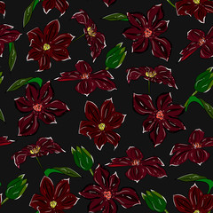 Elegant floral seamless pattern. Hand drawing, vintage background with  burgundy, red clematis flower, sketch. For textiles, packaging, wrapper, fabric, wallpaper