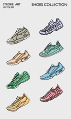 Sneakers sport icon. Line art, outline shoes. Stroke drawn sneakers. Flat line outline stroke. Running shoes set. 