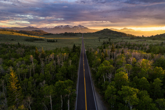 A beautiful aerial view of the top section of road on Monitor Pass at sunset near Markleeville, California in the Sierra Nevada mountains.