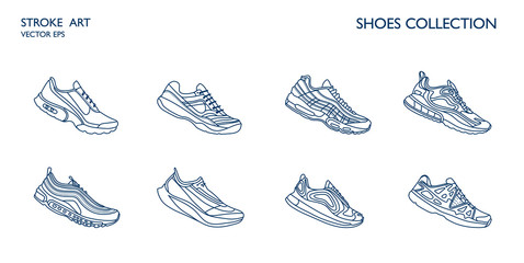 Sneakers sport icon. Line art, outline shoes. Stroke drawn sneakers. Flat line outline stroke. Running shoes set. 
