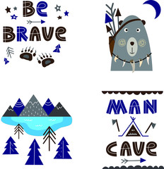 Brave Nordic bear. Arrow, moon and brave bear. Isolated stock vector on white background, grey, dark navy blue and brown colors. Print, poster, invitation, greeting cards, wall art.