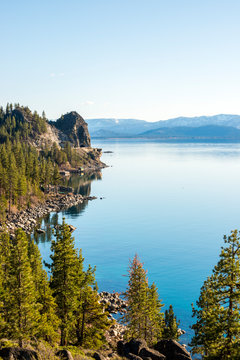 Lake Tahoe is calm along the east shore at Cave Rock, Nevada, on a beatiful day.