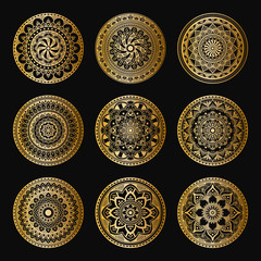Gold mandalas on black background. Abstract luxury decor. Islam, Arabic, Pakistan, Moroccan, Turkish, Indian, Spain motifs. Can be used for textile, invitations, banners.