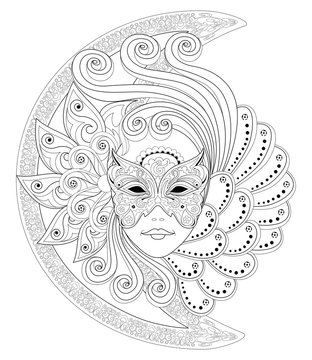 Fantasy drawing of girl face in beautiful venetian carnival mask. Black and white page for coloring book. Poster for fashion and beauty. Modern print, embroidery, decoration. Hand-drawn vector image.