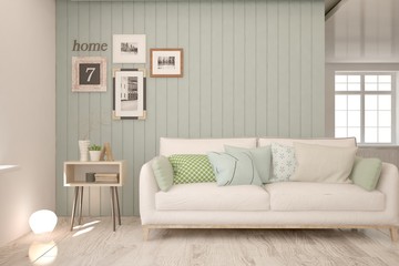 Stylish room in white color with sofa. Scandinavian interior design. 3D illustration
