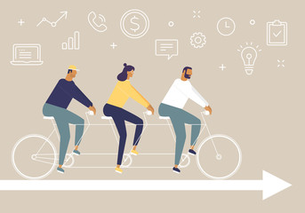 Plakat Three young people riding a tandem bicycle. The concept of business teamwork. Vector illustration with set of line icons and funny characters. Stylish idea for your business pictures. Flat design