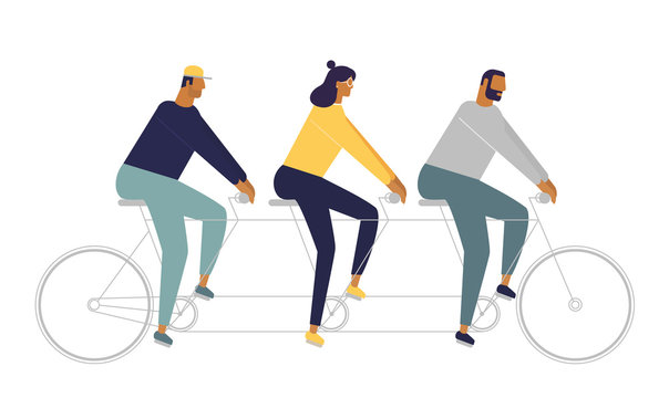 Group Of Young People Riding A Tandem Bike. The Concept Of Teamwork. Vector Illustration With Funny Friends. Stylish Idea For Your Pictures. Flat Design Style, White Background Isolated 