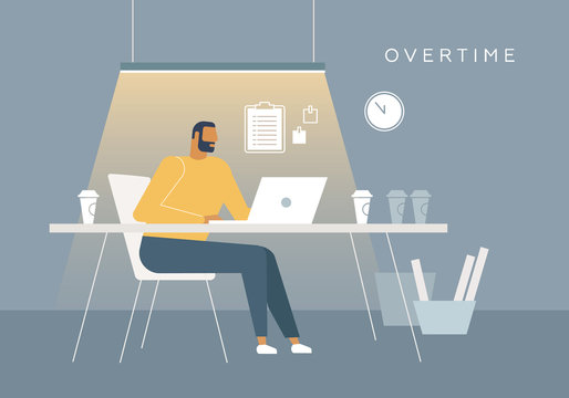 Vector concept illustration. A man overtime works in the office at night. Flat design, trendy style. 