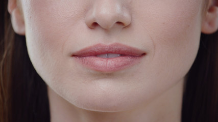 Close up woman mouth smiling happy beautiful soft lips teeth perfect dental health face attractive...