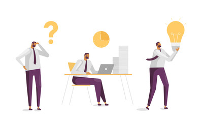 Vector illustration with business concept in flat design. A young man thinks, hard work, finds an idea, solves a problem. Office worker in confusion, works at the table, holds the lamp in his hand.