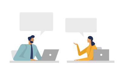 Young business man and woman work with laptops. People speak through speech bubbles. Place for your text. Design template for your business or education concept project. Vector, flat design style.