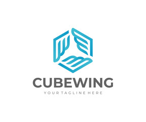 Cube with wings logo design. Logistics box vector design. Delivery logotype