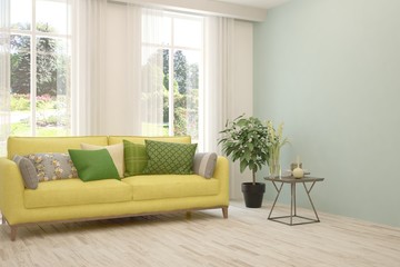 Fototapeta premium Stylish room in white color with sofa and summer landscape in window. Scandinavian interior design. 3D illustration