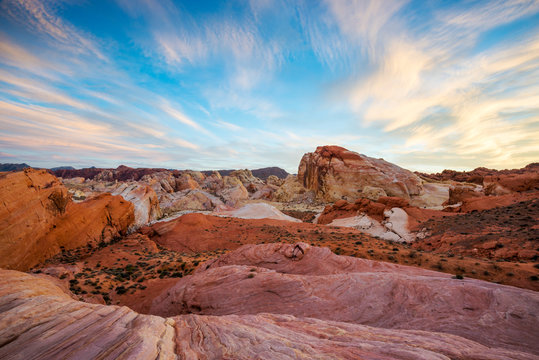 A stunning sunset illuminates the multicolored sandstone in the White Domes area of Valley of Fire State Park, Nevada.