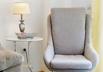 Grey colour modern cozy arm chair inside of light pretty living room