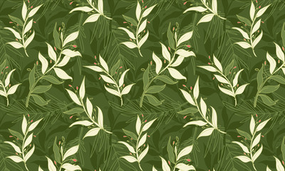 Green plants vector pattern.  monochrome graphics. Suitable for textile, interior, fashion design