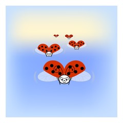 Ladybirds in sky sign. Ladybig in blue heaven. Illustration cute colorful red insect symbol spring, summer, garden. Template for t shirt, apparel, card, poster. Design element. Vector illustration.