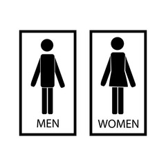 Black silhouette men and women icon in white rectangle. Sign restroom women and men. Icon public toilette and bathroom for hygiene. Template for poster, sign. Flat vector image. Vector illustration.