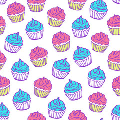 Cupcake seamless pattern with white background. Colorful cupcakes vector illustration. Yummy desserts.