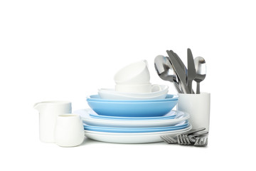 Tableware and cutlery isolated on white background. Kitchen, serving