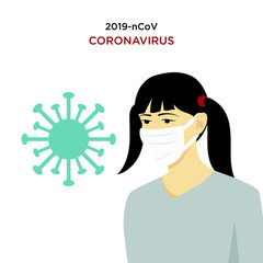 Vector Asian Chinese woman  in medical masks and coronavirus. Concept  warning about virus danger. Novel coronavirus (2019-nCoV), MERS-Cov (middle East respiratory syndrome coronavirus)