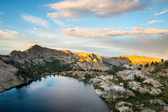 A beautiful sunrise over Liberty Lake as seen from Liberty Pass in the Ruby Mountains near Elko, Nevada.