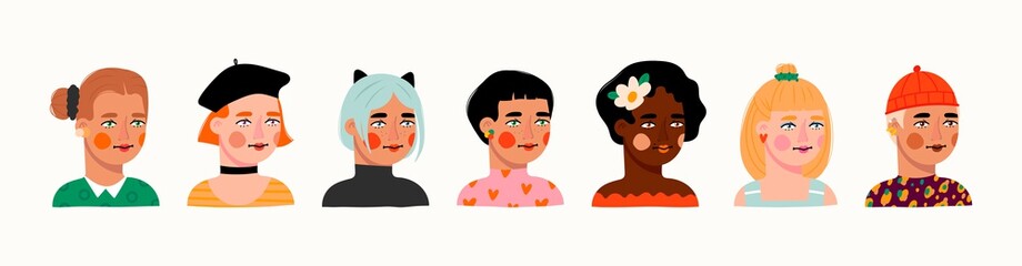 Happy international women's day. Different beauty. Big Set of various female heads. Women avatars. Various races and nationalities. Colored hand drawn vector illustration. Various clothes and haircuts