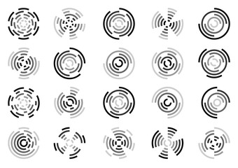 Set of icons of fireworks and explosions of a circular shape using eccentric circles and their segments with different transparency isolated on a white background.