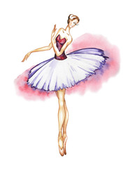 Classical ballerina in a tutu and pointe shoes.Watercolor drawing on a white background © marvalens