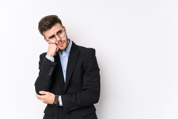Young caucasian business man posing in a white background isolated Young caucasian business man who feels sad and pensive, looking at copy space.