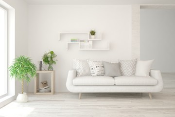 Stylish room in white color with sofa. Scandinavian interior design. 3D illustration