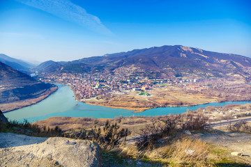 Georgia, Mtskheta, the confluence of the Kura and Aragvi rivers, a muddy and clear river. The view...