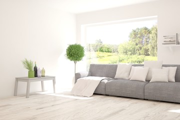 Fototapeta premium Stylish room in white color with sofa and summer landscape in window. Scandinavian interior design. 3D illustration