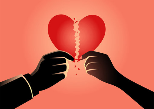 Man and woman hands holding broken heart symbol