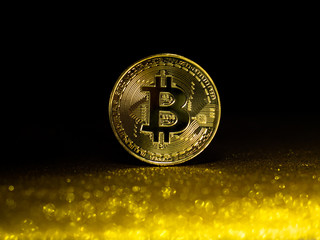 Bitcoin. Crypto currency Gold Bitcoin, BTC. Macro shot of Bitcoin coins. Blockchain technology, bitcoin mining concept.