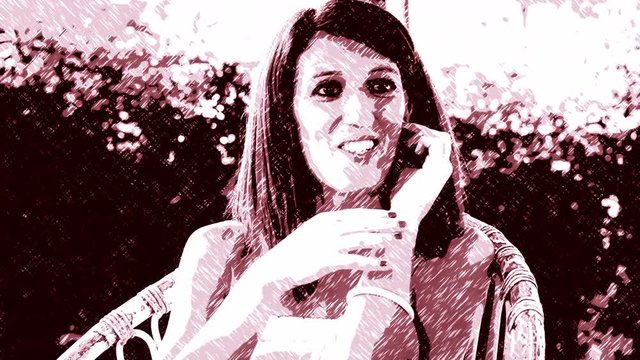 Stitch drawing effect: a chatty, garrulous woman in a conversation with her friends, brightly smiling. Exterior shot, sunny day.