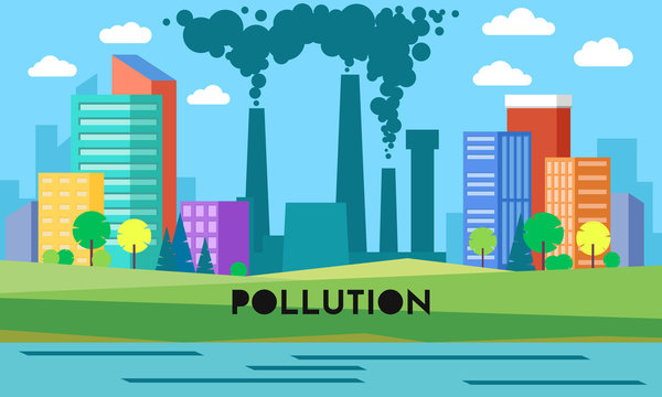 Vector background with environmental pollution. Factory plant smokes with smog, trash emission from pipes to river water. Grey clouds and polluted grass. Ecology, nature concept with dirty pond.