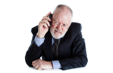 Senior elderly man as Lawyer Director Teacher or Salesman is feeling disappointed with phone call on white background