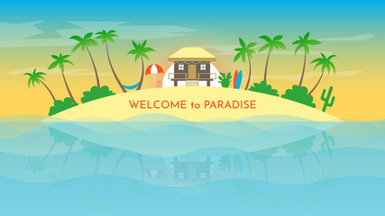 Fototapeta na wymiar Vector banner with summer resort. Sunset, sunrise on paradise island. Sandy beach. Simple design. Vacation concept. Background illustration